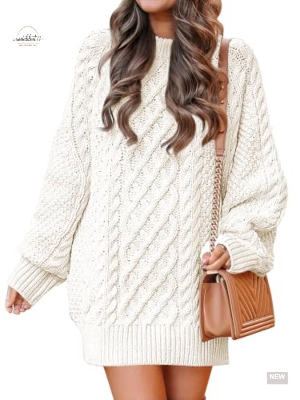 Oversized Cable Knit Mini Sweater Dress Long Sleeve Crewneck